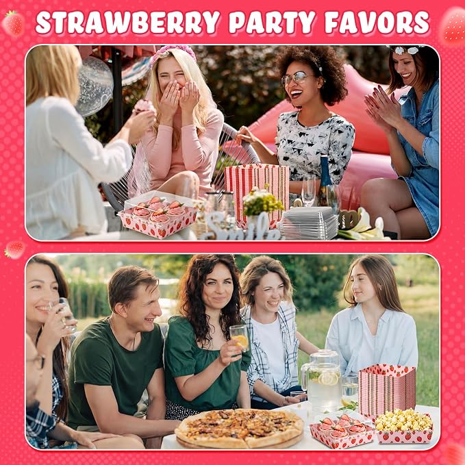 Potchen 50 Pack Bakery Boxes with Clear Lids, Disposable Charcuterie Treat Boxes for Cookies, Donuts, Cupcakes, Candy and Mini Cakes, Party Favor for Wedding and Gift Giving(Pink Strawberry)