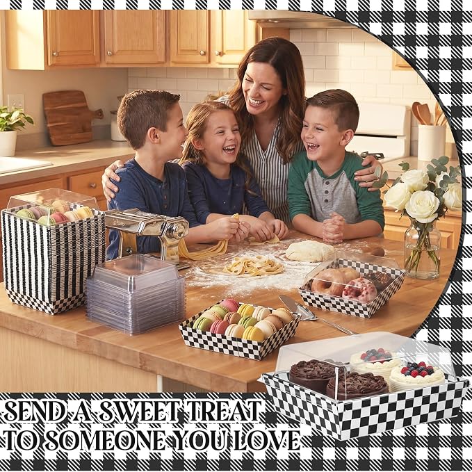 Potchen 50 Pack Checkerboard Charcuterie Boxes with Clear Lids – Classic Black ＆ White Plaid Design Boxes with Window for Cookies, Candy, and Mini Cakes – Ideal for Gift Giving & Bakery Packaging