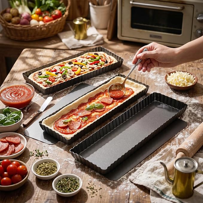 4 Pack Rectangular Tart Pans 14 Inch Nonstick Quiche Pie Pan with Removable Bottom Tart Pans for Pies, Quiche Bakeware, Cheese Cakes, Desserts