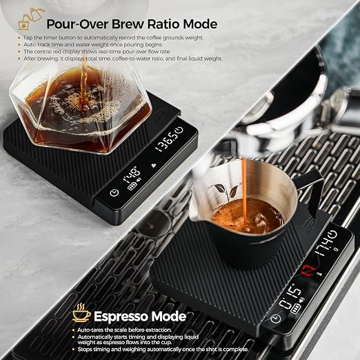 IKAPE Espresso Coffee Scale with Timer, 2kg/0.1g High Precision Digital Scale with Silicone Mat, 4 Modes in One, LED Display, Auto-Tare, for Kitchen, Cooking, Espresso, Pour Over Coffee