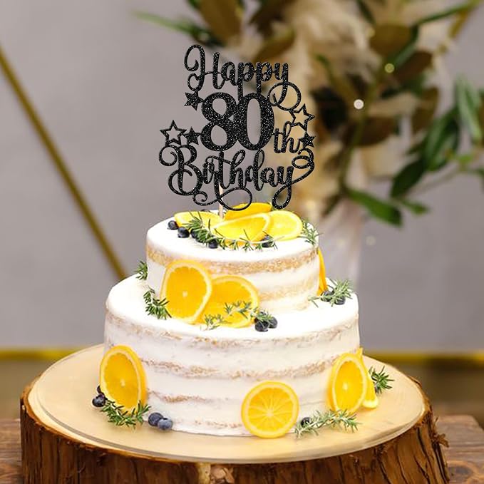 1 PCS Happy 80th Birthday Cake Topper Glitter Cheers to 80 Years Birthday Cake Pick Hello 80 Fabulous Cake Decoration for Happy 80th Birthday Anniversary Party Decorations Supplies Black