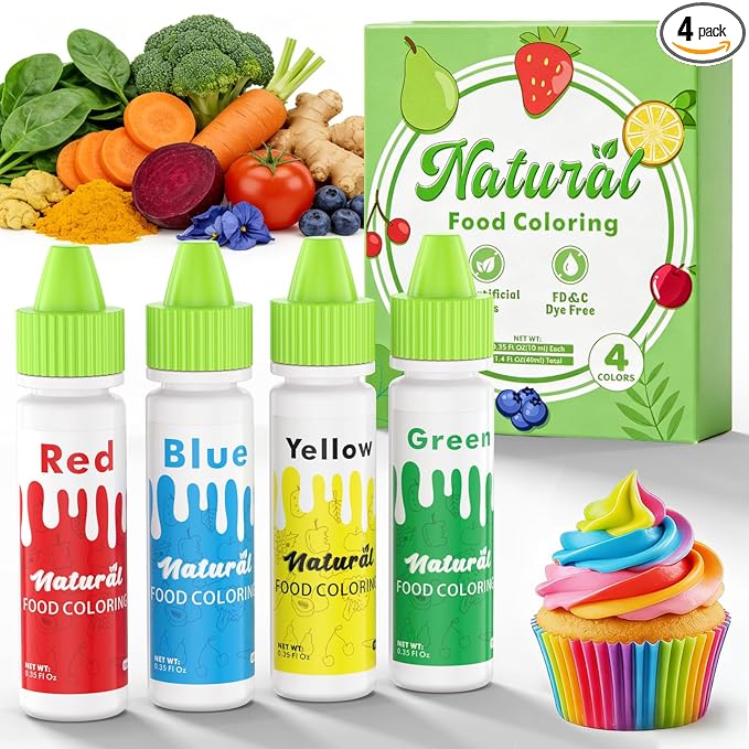 Natural Food Coloring - FD&C & Artificial Dye Free Formula Color 4 Natural Food Dye Set for Icing Frosting Cake Baking Easter Egg Fondant Cooking Decorating - 0.35 Fl. oz (10 ml)/Bottles