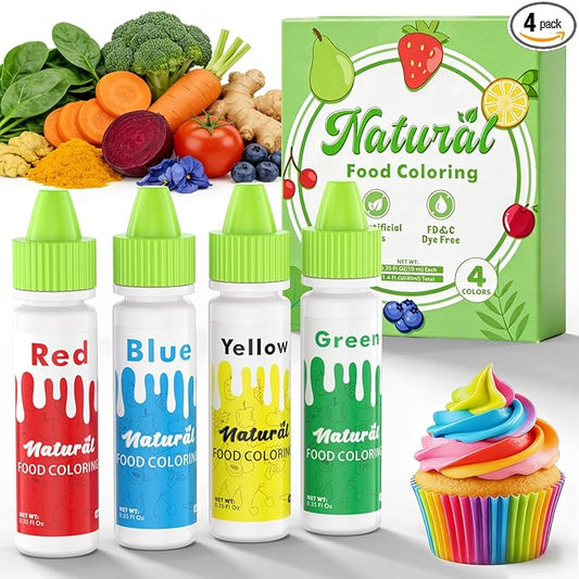 Natural Food Coloring - FD&C & Artificial Dye Free Formula Color 4 Natural Food Dye Set for Icing Frosting Cake Baking Easter Egg Fondant Cooking Decorating - 0.35 Fl. oz (10 ml)/Bottles