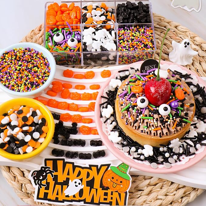 Halloween Sprinkles for Cake Decorating - 6.53 oz Edible Candy Eyes, Pumpkin, Ghost, Spider, Confetti, Nonpareils Sprinkle Mix, Cupcake Cookie Decorations for Fall Halloween Party Treats