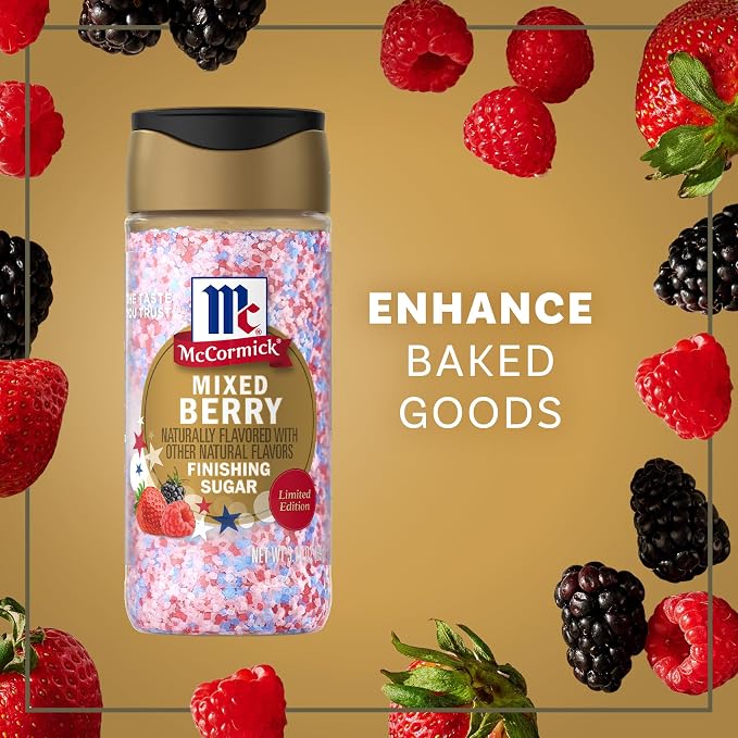McCormick Finishing Sugar, Mixed Berry, Limited Edition, Sweet Berry Flavors, Sprinkle on Breakfast and Dessert Favorites, Garnish Beverages, 3.15 oz
