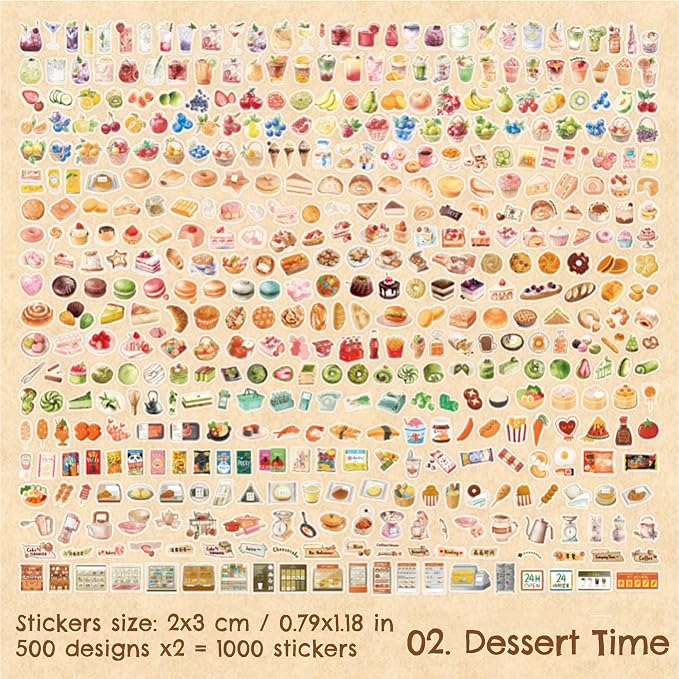1000 Pcs Small Kawaii Dessert Stickers – 2x3cm Cute Mini Waterproof Vinyl Stickers for Planners, Scrapbooks, DIY Crafts – Sweet Treats, Macarons, Cupcakes in Decorative Tin Box