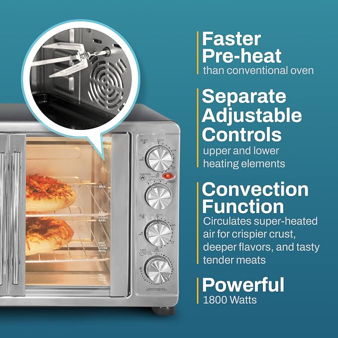 Elite Gourmet ETO4510MX French Door 47.5Qt, 18-Slice Convection Oven 4-Control Knobs, Bake Broil Toast Rotisserie Keep Warm, Includes 2 x 14" Pizza Racks, Stainless Steel