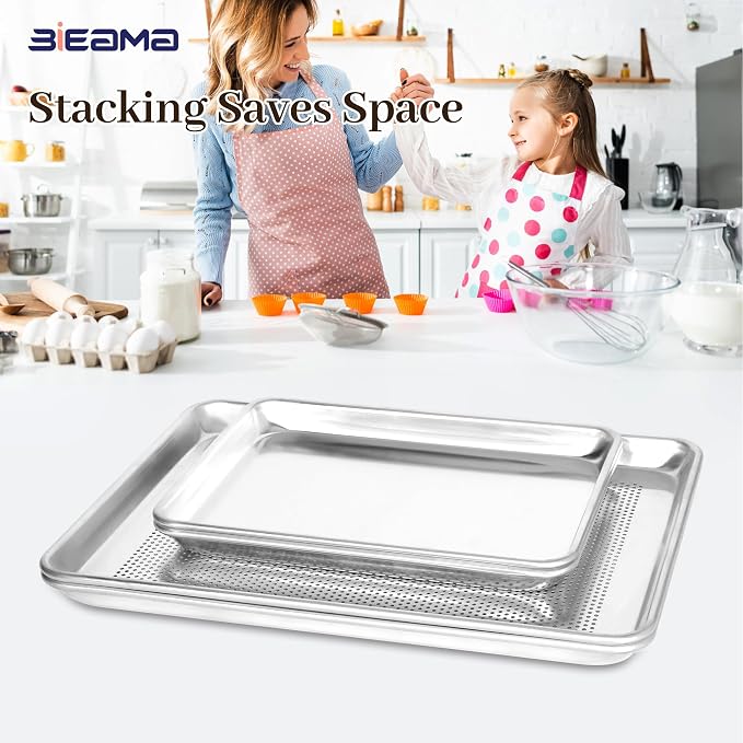 BIEAMA Baking Sheet Pans Set of 4, Perforated Half & Quarter Size | Aluminum Heavy Duty Cookie Sheets for Roasting, Includes 2 Perforated 18" x 13"+ 13" × 10"