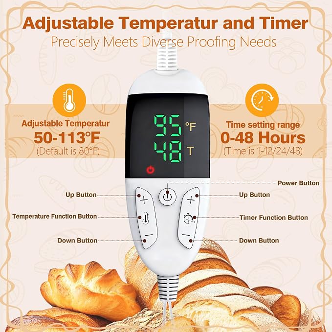 Folding Bread Proofing Box 16 x 12 IN, 3 Sides Heating Dough Proofer with Temp Control (50-113℉) & 48H Timer, Proofing Box for Sourdough, Pizza,Yogurt, Bread Warmer, Baking Supplies with Metal Rack