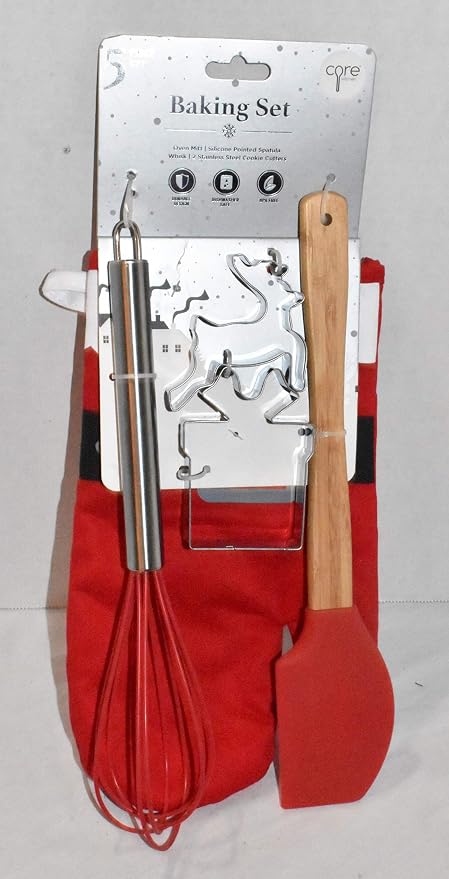 New 5pc Holiday Present & Reindeer Cookie Cutters, Rubber Spatula & Santa Coat & Belt Oven Mitt & Silicone and Stainless Whisk Kitchen Baking Set