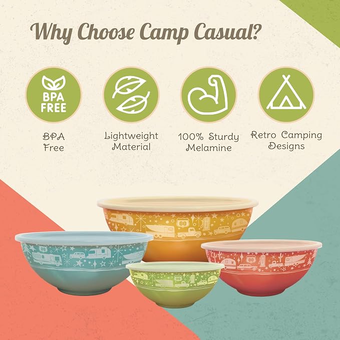 Camp Casual Melamine Bowls with Lids - 4 BPA Free Nesting Bowls with (New and Imporved) Lids Set for Indoor & Outdoor Dining - Sturdy, Lightweight, & Top Shelf Dishwasher Suitable Camping Bowl Set