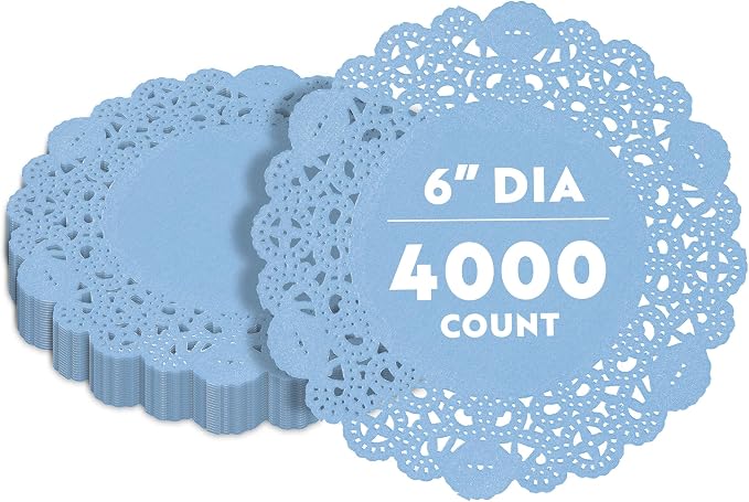 Restaurantware-Pastry Tek 6 x 6 Inch Placemat, 4000 Disposable Table Doilies - Elegant Lace Finish, Long Lasting, Sky Blue Paper Placemat, for Pastries, Cupcakes, Desserts