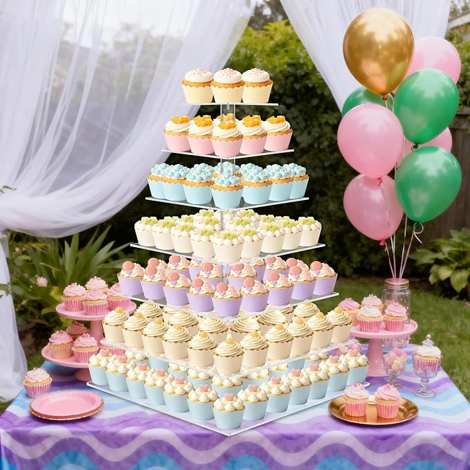 weddingwish Cupcake Stand, 7 Tier Square Cupcake Stand for 160 Cupcakes, Acrylic Cupcake Tower Stand, Large Cupcake Display Stands, Tiered Cupcake Holder Stand for Birthday, Party, Baby Shower