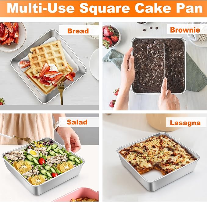 TeamFar 6 In Square Cake Pan, Stainless Steel Mini Square Lasagna Cake Brownie Pan for Baking Roasting, Non-Toxic & Sturdy, One Piece Design & Smooth, Easy Clean & Dishwasher Safe, 3 Pcs