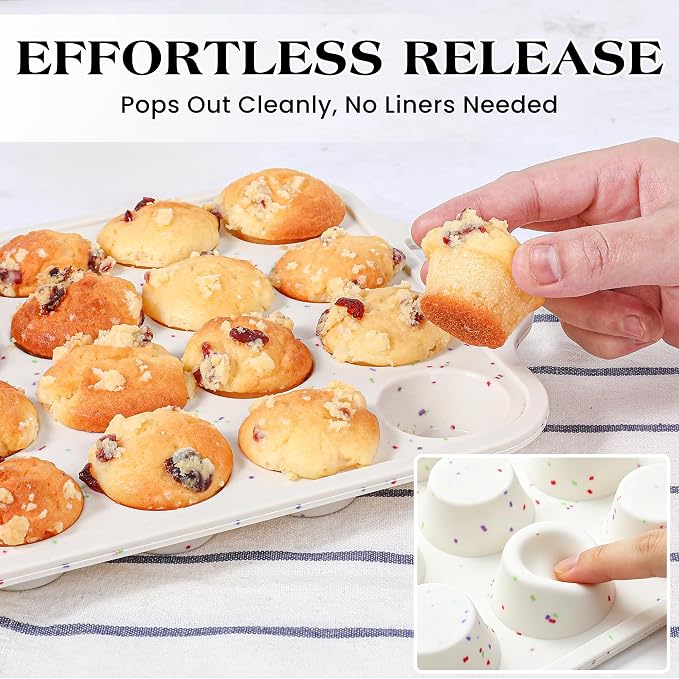 2 Pcs Mini Muffin Pans with Metal Reinforced Frame, 24 Cups Nonstick Silicone Cupcake Tray for Baking, Food Grade Small Muffin Molds with Handles (Cream)