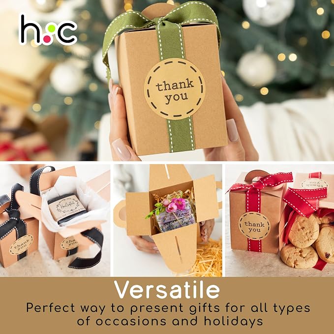 Small Gift Boxes with Ribbons & Stickers (20 Pack) 4.7” x 3.5” Brown Kraft Treat Boxes for Christmas Cookies, Candy, Decorative Candle Packaging, Jars, Mugs, Bulk, Rustic, Fall Thank You Favors Empty