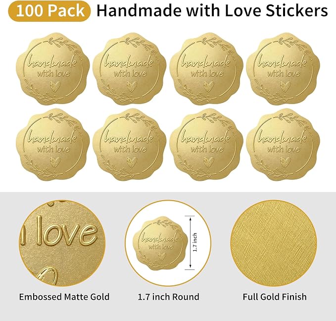 Handmade with Love Gold Foil Stickers, Pack of 100 Embossed Matte Gold Seals for Bakery Packaging, Treat Bags, Pastry Boxes, Small Business Thank You Labels for Gift Wrapping, 1.7 Inch (Gold)