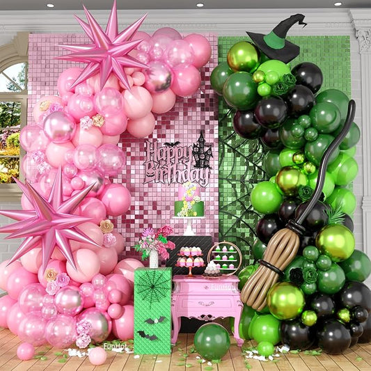 FunHot Pink Green Balloon Arch Garland Kit with Pearl Light Pink Dark Metallic Green Black Balloons Explosion Star Foil Balloon 260 Long Balloons for Baby Shower Witch Theme Birthday Party Decoration