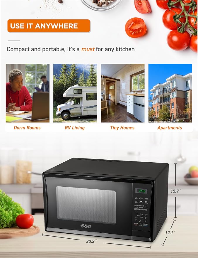 Commercial Chef 1.1 Cu. Ft. Countertop Microwave Oven, Touch Controls with Digital LED Display, 1000W Small Microwave with 12.4” Turntable Plate, Push Button Door, 10 Power Levels, CHM11MB, Black