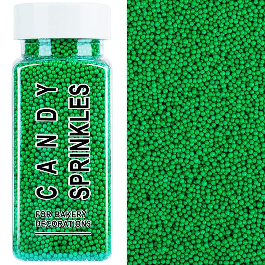 Green Nonpareils Sprinkles, 2mm Edible Pearls for Cake Decorating, 4.6oz Mini Sugar Candy Pearls for Baking, Cupcake, Cookie, Ice Cream Toppings, Christmas Party St Patricks Easter Holiday Supplies