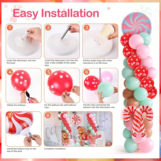 2 Sets Christmas Gingerbread Balloon Stand for Floor Adjustable Red Whilt Balloons Column Kit Set of 2 with Candy Crutch Balloons Tower Stand for Birthday Baby Shower Party Supplies