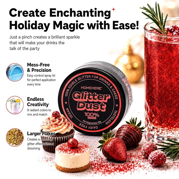 HomeHere Edible Glitter for Drinks & Cakes, 10g Food Grade Disco Diamond Glimmer Dust, Sparkle Powder for Cocktails, Chocolate, Baking Decorations, Vegan& Tasteless (Burgundy)