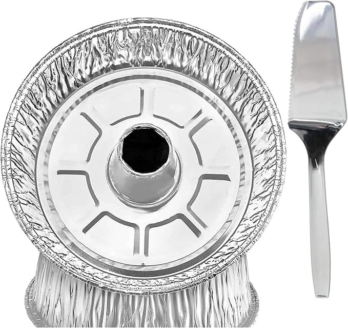 8" Aluminum Angel Tube Cake Pan with 10" Cake & Pie Server with Serrated Edge | Round Deep Foil Bundt with Center Tube for Heat Distribution | Heavy Duty Oven Safe Bakeware | 200 Count