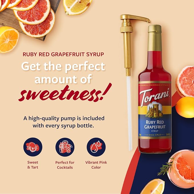 Torani Ruby Red Grapefruit Syrup for Drinks, Flavoring for Sodas and Cocktails, Glass Bottle with Pump Included, 25.4 Fl Oz