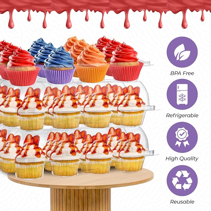 Plastic Cupcake Containers Boxes | 12 Compartment – 12 Pack | Disposable High Dome Dozen Clear Cupcake Holder with Detachable Lid Bulk | Extra Sturdy Stackable Cup Cake Carrier Holders Muffin Boxes