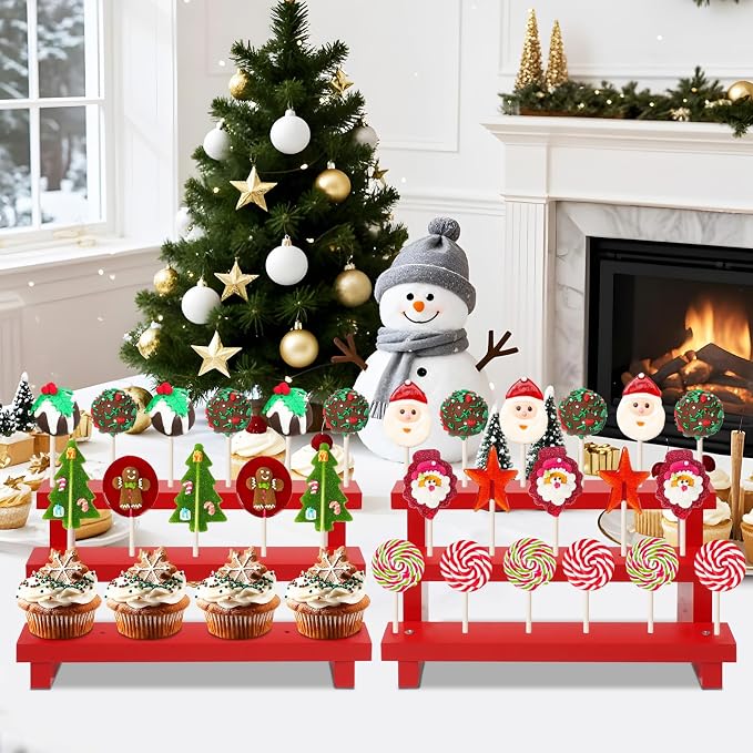 Wood Cake Pop Stands, 3 Tier Lollipop Holders with Twist Ties Lollipop Sticks, Sucker Display Riser for Dessert Table of Wedding Birthday Party (Red-2P-17 Hole)