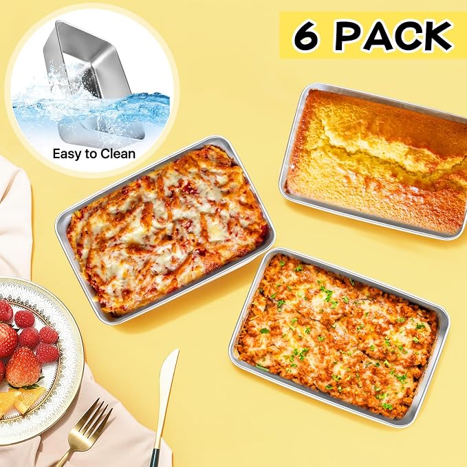 6 Pack Loaf Pan for Baking Bread, 304 Stainless Steel Bread Loaf Pan Meatloaf Pan for Homemade, Banana, Lasagna Cake, Brownies, Lasagnas, Oven & Dishwasher Safe