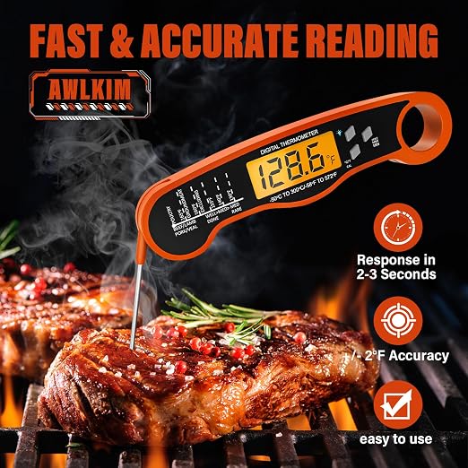 AWLKIM Digital Meat Thermometer, Instant Read Thermometer, Orange | Food thermometer for grill, BBQ, candy, oil and baking; backlit display, foldable probe and magnetic storage.