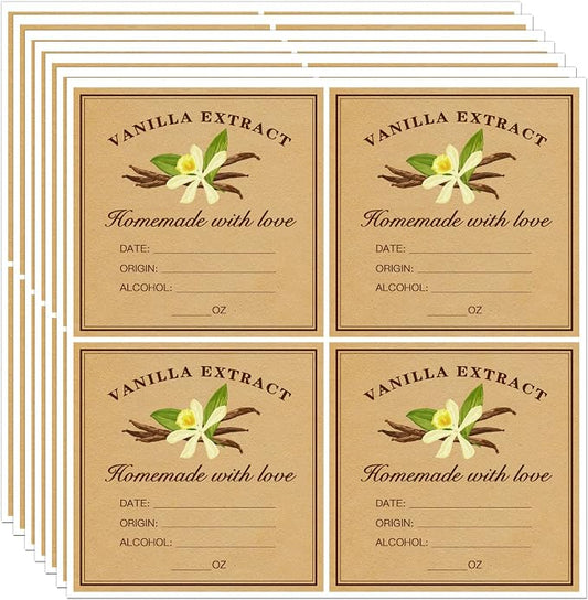 TESWEY 40Pcs Homemade Kraft Vanilla Extract Stickers, 2" Square Vanilla Extract Labels for Handcrafted Vanilla Bottles (Fit 2oz, 4oz, 8oz Bottles and Jars)
