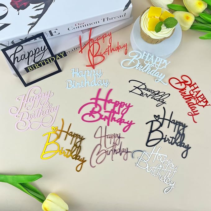 40 PCS Happy Birthday Cake Toppers Mirror Acrylic Toppers with 10 Styles 8 Colors for Birthday Party Cake Desserts Pastries