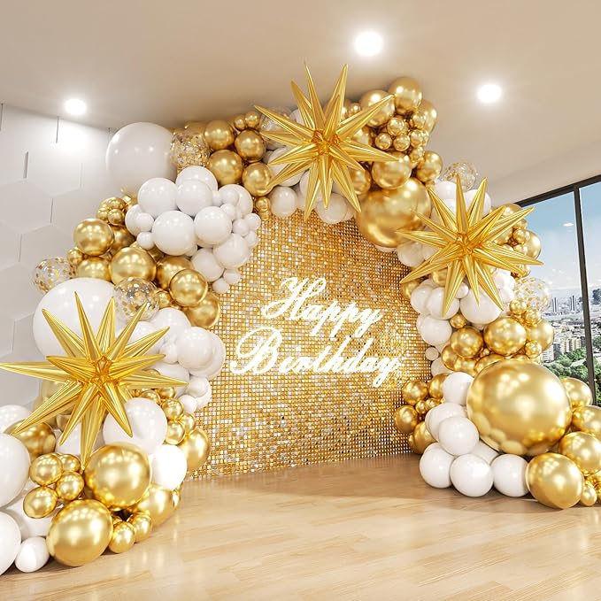 White and Gold Balloon Arch Kit, 146Pcs Explosion Star White Metallic Gold Latex Balloon Garland kit, 22 18 12 10 5 Inch Different Size Balloons for Anniversary Birthday Engagements Party Decorations