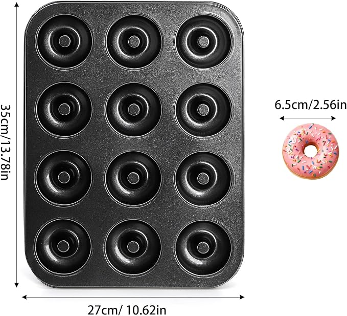 Lawei 2 Pack 12-Cavity Non-stick Donut Pan, Carbon Steel Donut Baking Pan for Muffin, Cake, Dessert, Mini Bagel Mold Donut Trays for Oven, Microwave, Freezer Safe