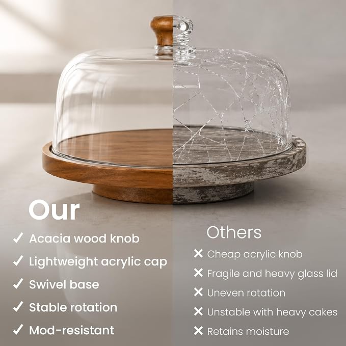 Rotating Acacia Wood Cake Stand with Lid Anti-Mold 12 Inch - 2-in-1 Wooden Charcuterie Board - Covered Dessert Plate with Acrylic Dome - Vintage Pastry Display - Tall Domed Serving Stand Platter - Brown