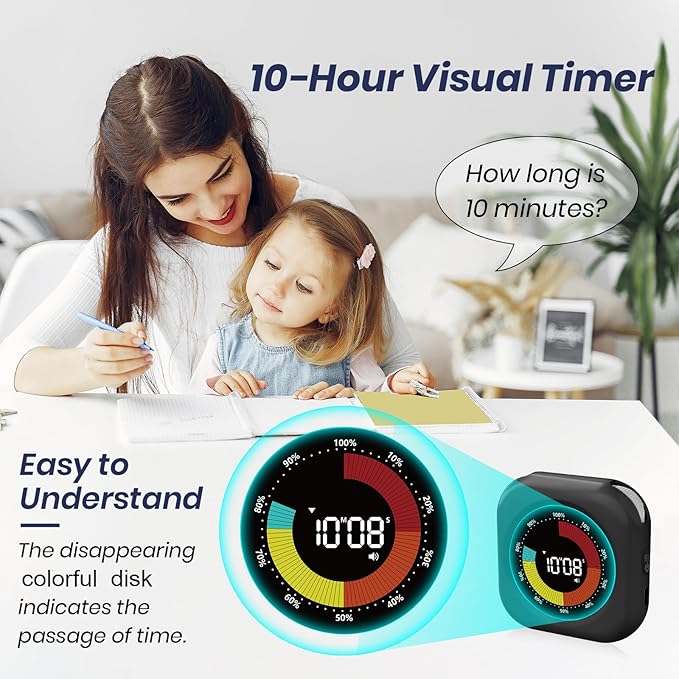 PERSUPER Visual Timer for Kids, 10 Hours Countdown/Up, with Rechargeable, 3 Volume Levels, 3 Brightness Display, and Magnetic, Homeschool Study Tool, Large Digital Timers for Classroom, Kitchen