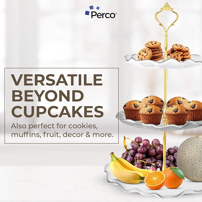 Perco 3 Tier Ceramic Cupcake Stand for 20 Cupcakes – Tiered Dessert Stand & Serving Tray, Elegant Gold Accent Dessert Table Display Set for Weddings, Birthdays & Events