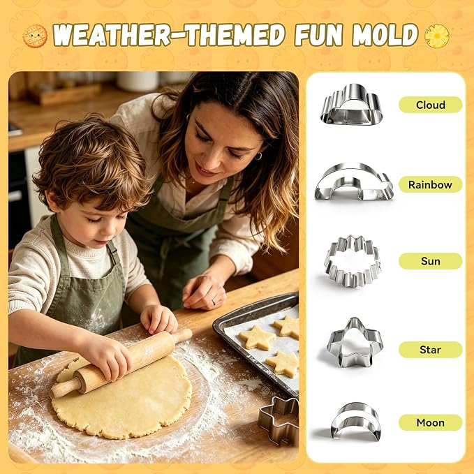 5Pcs Stainless Steel Cookie Cutters, Food Grade 5 Shapes | Kid-safe stainless steel; Star/moon/sun/cloud/rainbow shapes; For cookies, pancakes, playdough; Rolled edges.