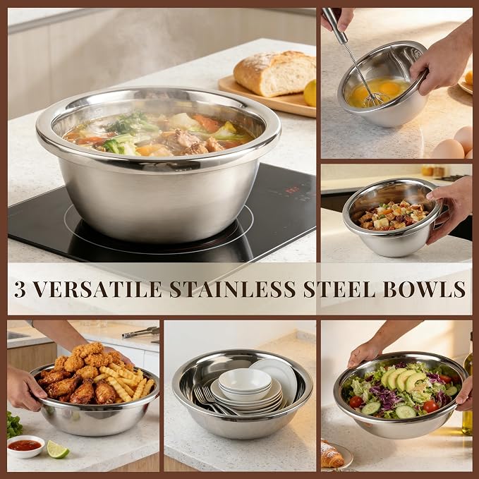 Mixing Bowls Set of 3, Stainless Steel, 7.9, 10.2 and 14.2 Inch | Three stainless steel bowls in 7.9, 10.2 and 14.2 inch sizes for baking, dough, salads and everyday kitchen prep