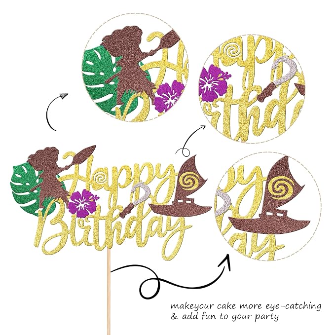 1 PCS Moana Happy Birthday Cake Topper Glitter Palm Leaf Flower Moana Cake Pick Tropical Hawaiian Luau Theme Cake Decorations for Baby Shower Kids Birthday Party Supplies Gold