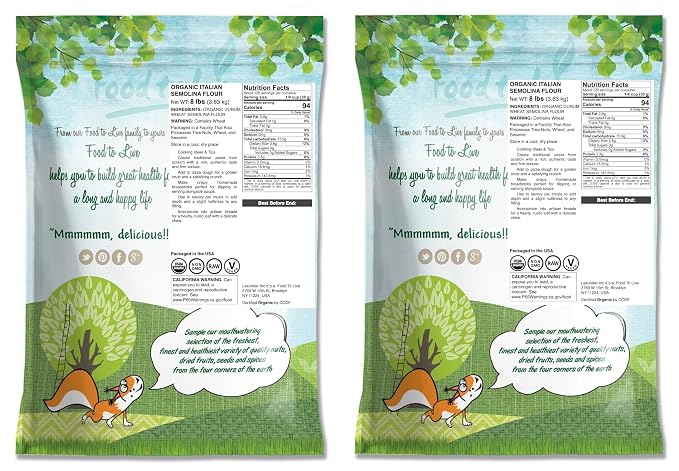 Food to Live Organic Italian Semolina Flour, 16 Pounds - Premium Durum Wheat, Perfect for Pasta and Pizza Dough, Ideal for Authentic Italian Recipes.