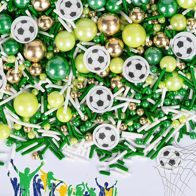 Edible Soccer Sprinkles for Cake Decorating,Food Grade 130g,Baking Sprinkle Mix for Sports & Football Theme Party,Green Gold White Pearls and Jimmies with Soccer Wafer Paper Toppers,for Cupcakes,Ice Cream,Cookies,Donut,Cake Decorations,Match Viewing Ev...