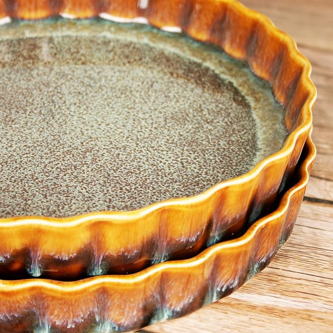 11.6 Inch Large Quiche Tart Pans Pan, 1.4 Qt Ceramic Au gratin pans, Fluted Ruffled Edge for Quiche Baking Dish/Pie Pan - Microwave Freezer Dishwasher Oven safe - Great Gift for Bakers
