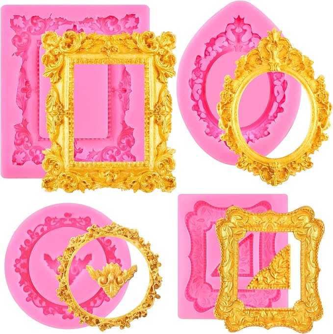 Puyeipt 4 Pcs Photo Frame Silicone Molds, Vintage Picture Photo Frames Fondant Molds for Cupcake Topper, Chocolate, Candy, Donut Cake Puck Decoration and Clay Craft Making