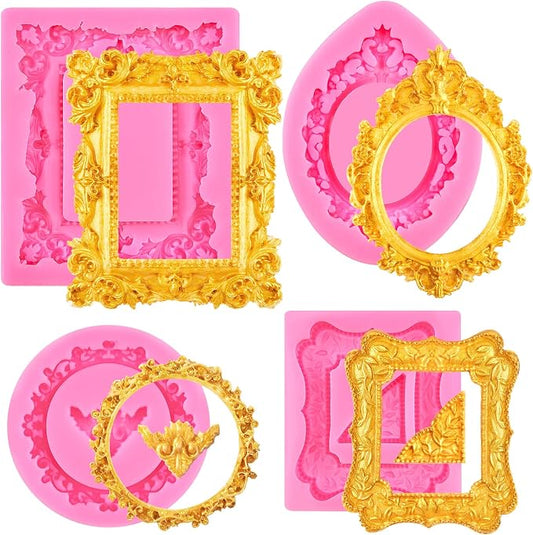 Puyeipt 4 Pcs Photo Frame Silicone Molds, Vintage Picture Photo Frames Fondant Molds for Cupcake Topper, Chocolate, Candy, Donut Cake Puck Decoration and Clay Craft Making
