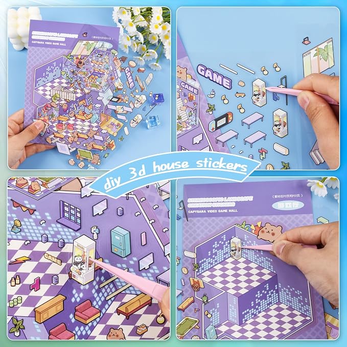 20 Sets DIY 3D Sticker Scene Collection Book DIY 3D House Stickers Make Your Own Sticker Therapy Cute Cartoon Stickers Scenes for Relief Stress Pass The Time