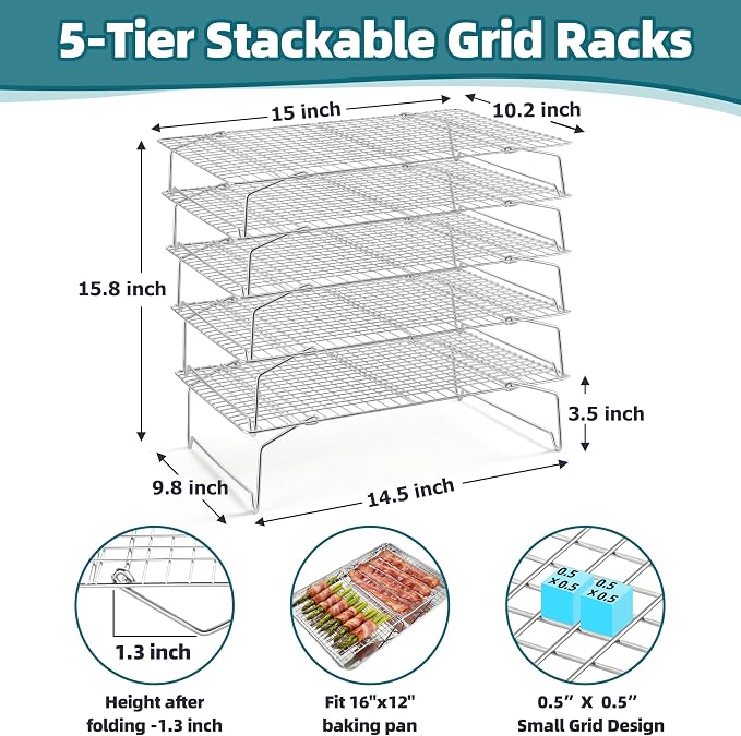 P&P CHEF 5 Tier Cooling & Baking Racks, Stainless Steel Stackable Grid Cooking Rack for Cooling Roasting Grilling, Collapsible & Heavy Duty, Oven & Dishwasher Safe, 15" x 10"