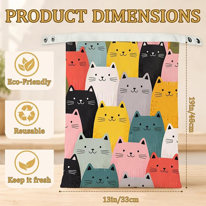 2 Pack Beeswax Cute Cat Bread Bags for Sourdough Homemade Breads, Reusable Beeswax Bread Colorful Cat Storage Bag, Keep Loaves Fresh Longer, Freezer Safe & Airtight, Zero Waste 17 x 13''